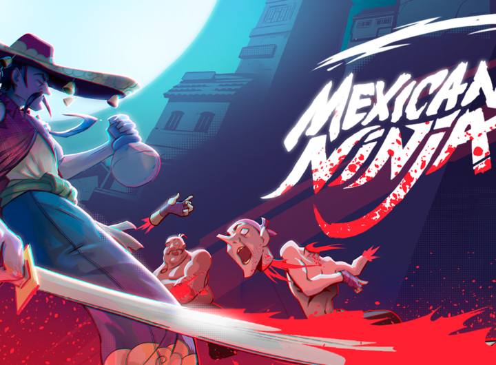 Illustrazione promozionale di Mexican Ninja con un ninja armato di katana davanti a nemici in stile cartoon e logo del gioco sullo sfondo. Titolo: Mexican Ninja Didascalia: Artwork ufficiale di